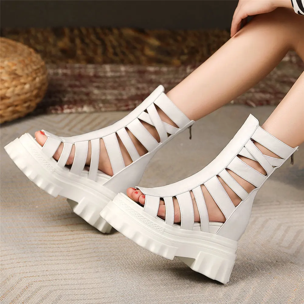 Wedges Gladiator Sandals Women Black White Cow Leather Platform Pumps Female High Top High Heel Fashion Sneakers Casual Shoes