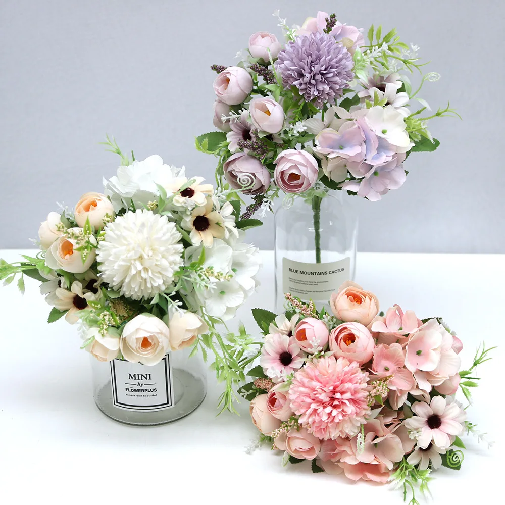 1pcs mixed flower beautiful peony artificial flower hydrangea silk fake bouquet for home wedding decoration DIY dandelion foam