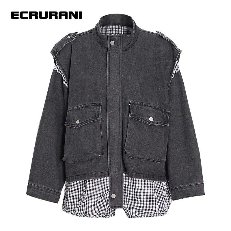 

ECRURANI Black Denim Casual Jackets For Women Lapel Long Sleeve Patchwork Plaid Hit Color Coats Female 2021 Fashion New Clothing