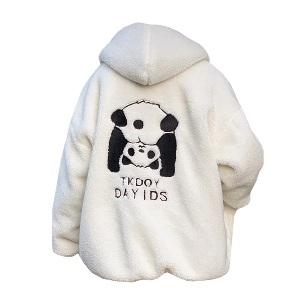 Winter Jacket Women Sweatshirt Loose Hoodies Lamb Woolen Thick Cute Panda Embroidery Tkdoy Dayds Letter Harajuku Zip Up Jumper