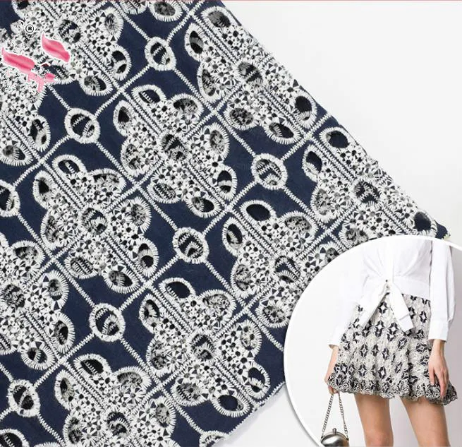 

Темно-синяя хлопковая вышитая ткань, весна/лето, полое платье-рубашка с вышивкой, модная ткань