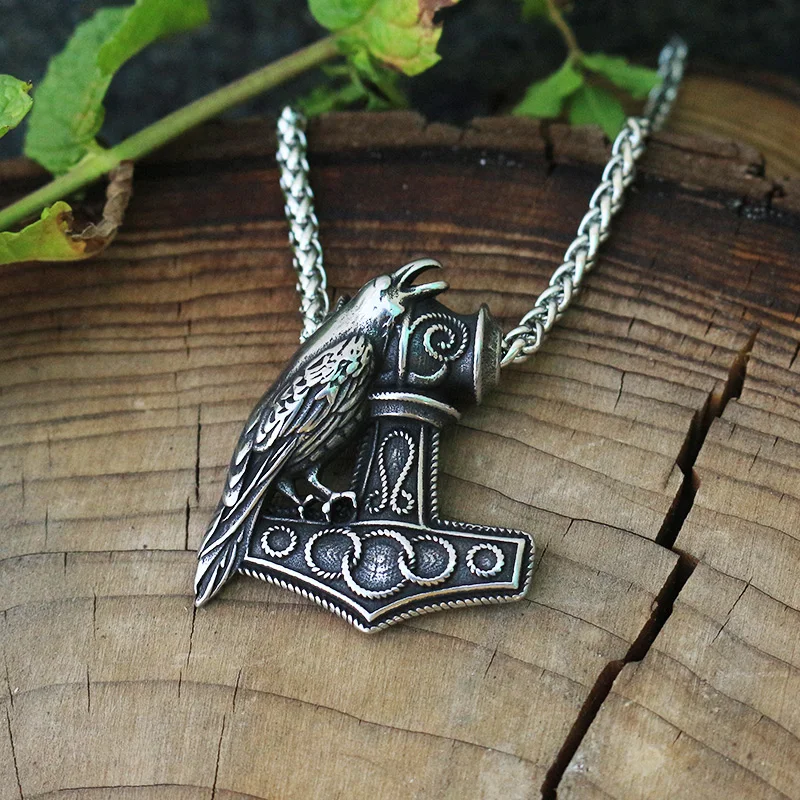 10pcs men stainless steel viking raven pendant Nordic Pagan men necklace  Raven's Mjolnir hammer