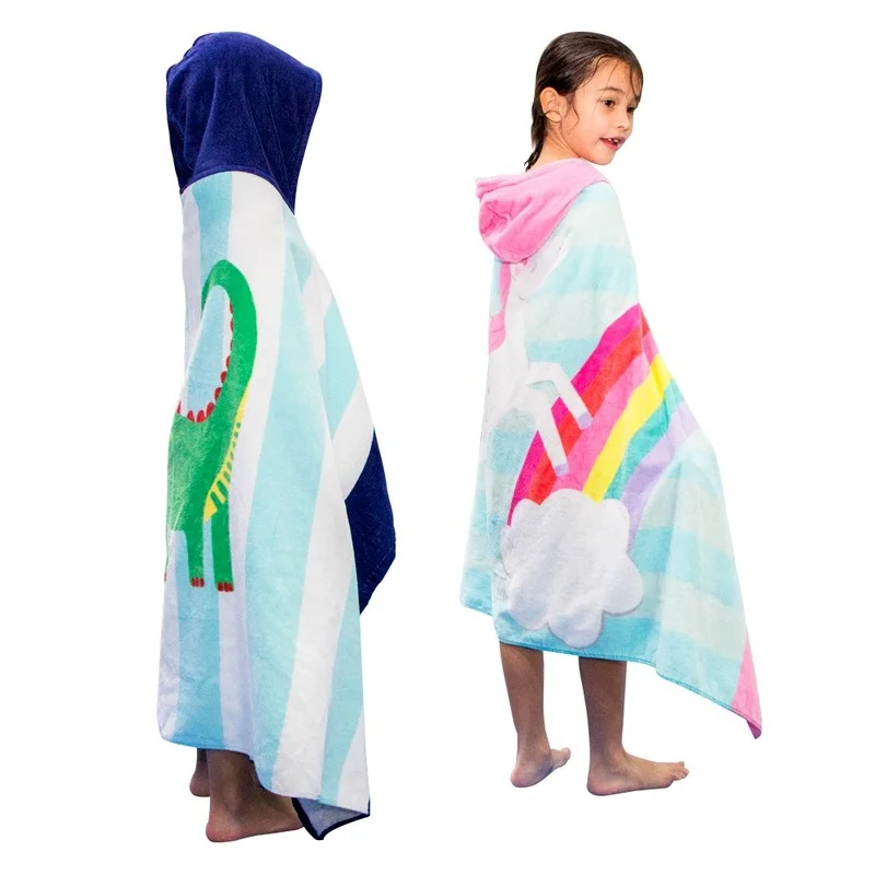 

Children Around 76cm Can Wear Pure Cotton Hooded Bath Towel Cartoon Formaldehyde-free Bathroom Bath Cloak Beach Towel Set