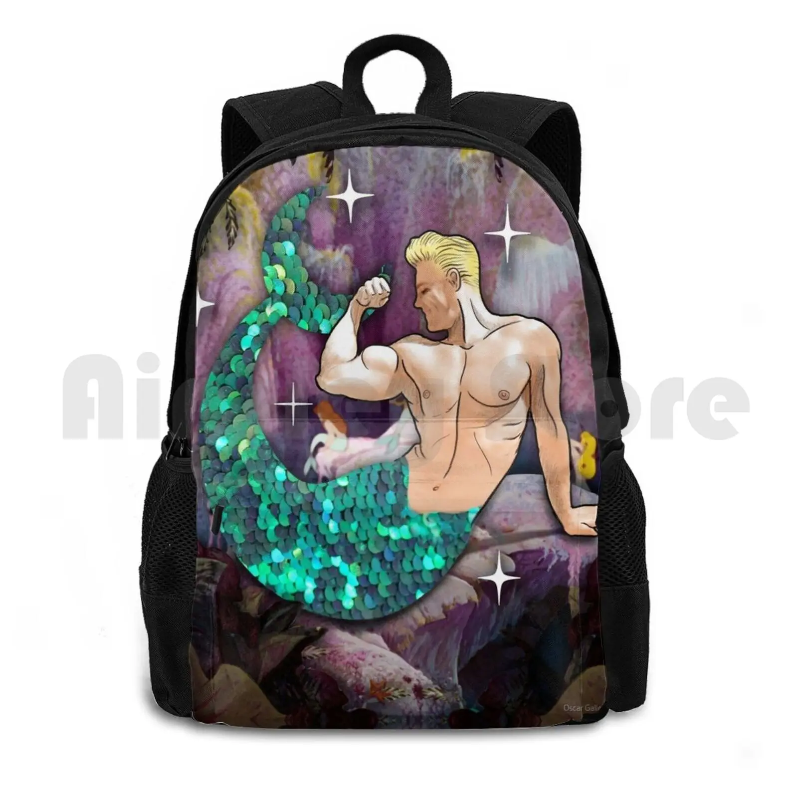 Sequin Merman Outdoor Hiking Backpack Riding Climbing Sports Bag Merman Mermaid Sparkles Vintage Mary Blair Pierre And Collage