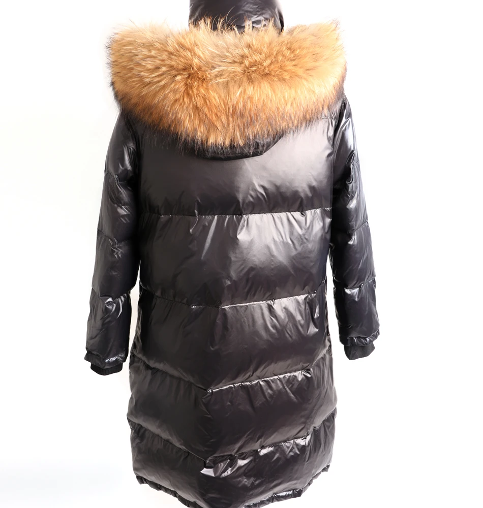 Winter vrouwen zwart donsjack echt vossenbont grote kraag jas vrouwen eend donsjack Warme lange donsjas Parka wasbeer kraag