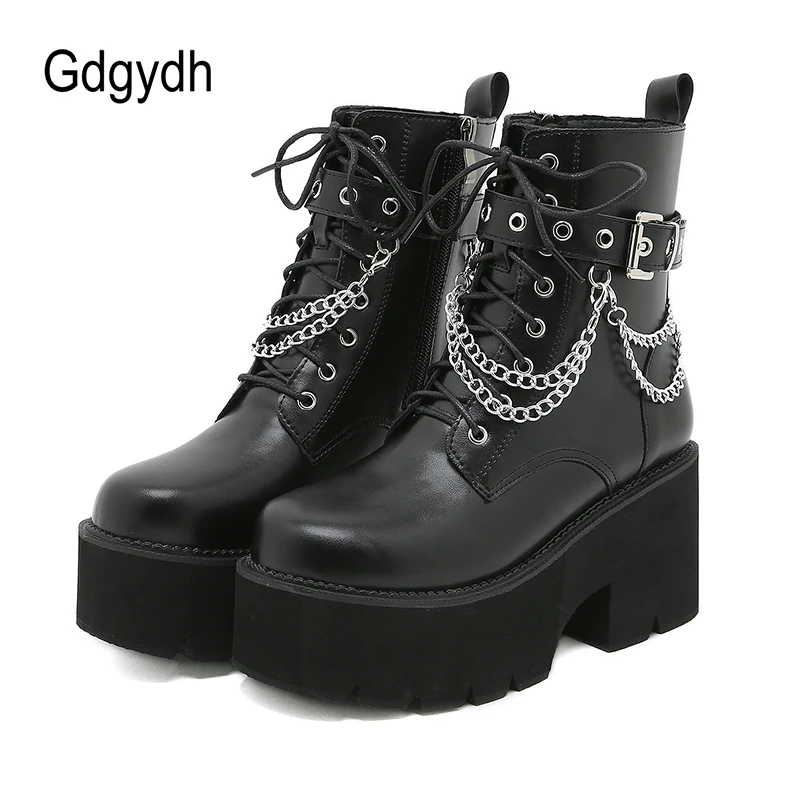 Gdgydh Modern Boots Woman Shoes Gothic Metal Decoration Black Boots Women Heel Sexy Chain Chunky Heel Platform Footwear Zipper