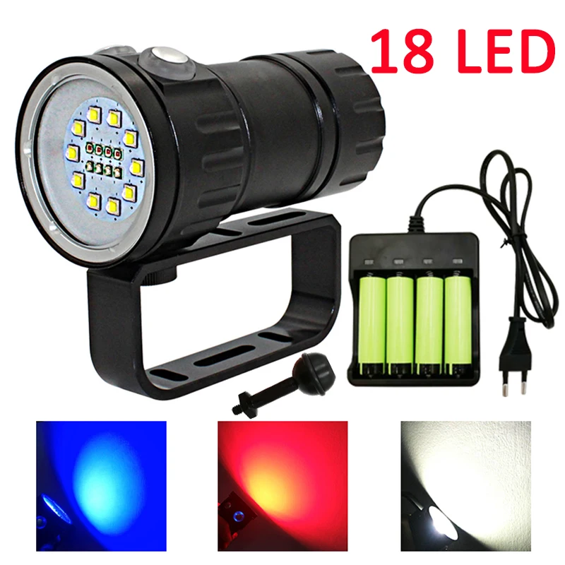 Underwater LED Photography Video Diving Flashlight 10x XM-L2 white +4x XPE Red +4x XPE Blue waterproof Tactical torch Lamp