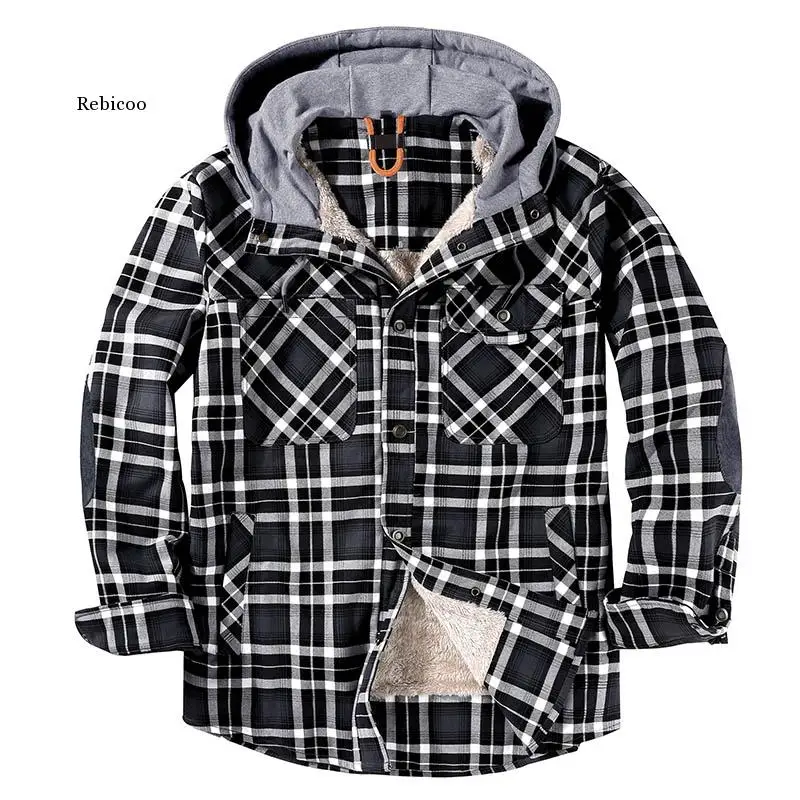 Autumn and Winter New Jacket Men's Fake Two-Piece Plaid Shirt Hooded Casual Washed Plus Velvet Jacket