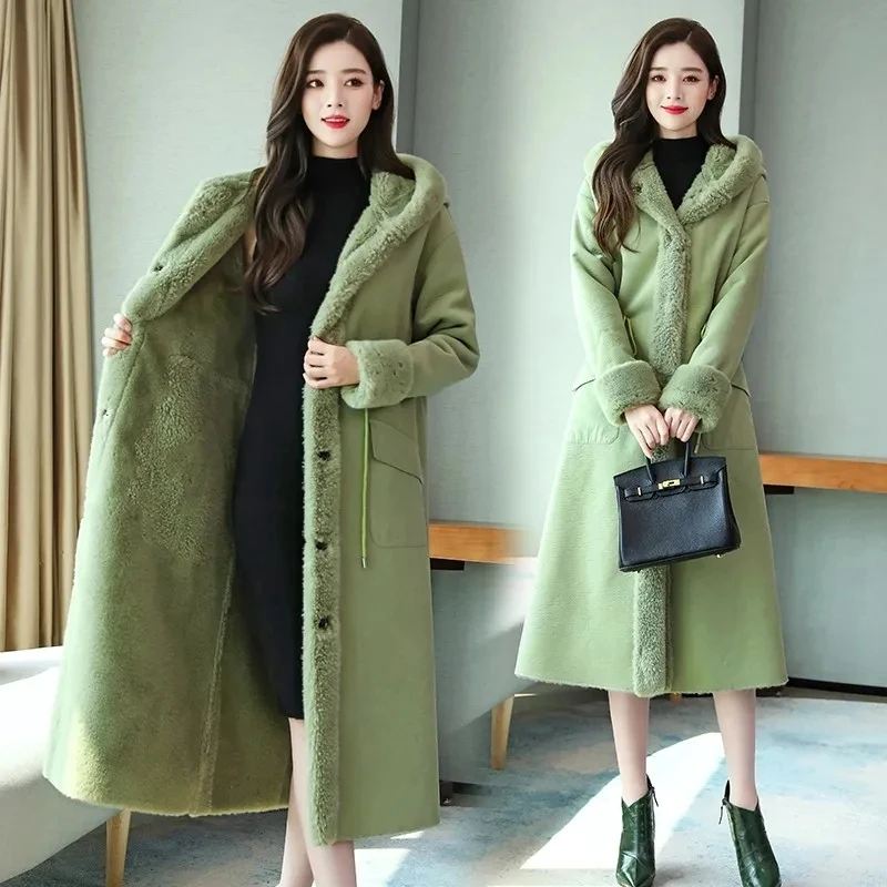 

Faux Fur Coat Lamb Wool Cotton Coat Women's Long Fashion 2022 Winter Coat Velvet Thick Woolen Parka Trend Green High Quality