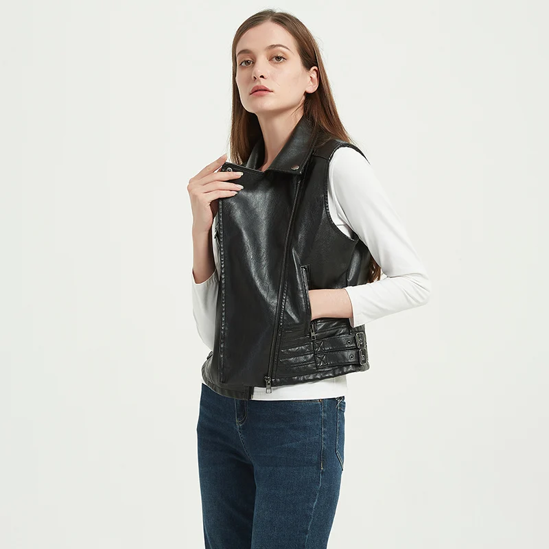 2022 Women Motorcycle PU Faux Leather Sleeveless Jackets Ladies Turn-down Collar Belt Zipper Vest Pockets Waistcoat Streetwear