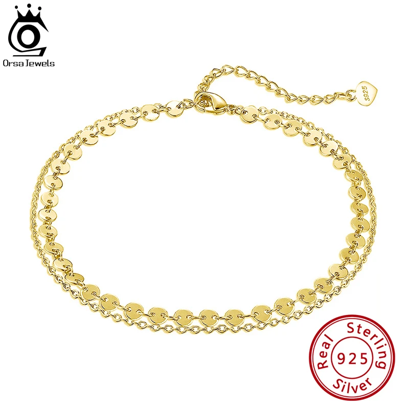 ORSA JEWELS 925 Sterling Silver Coin Cable Layered Chain Anklets for Women Fashion Summer Foot Chain Bracelet Jewelry SA15