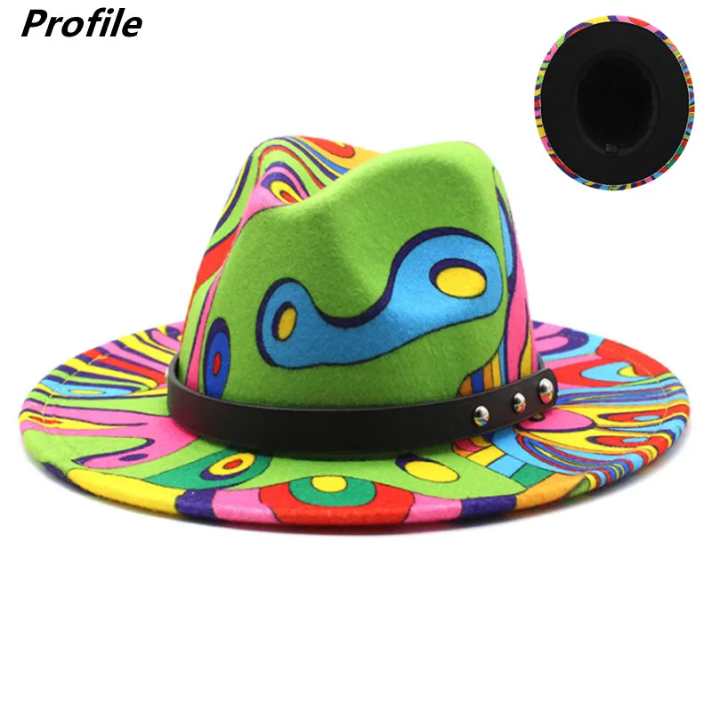 Tie-dye hat fedora hat clown pattern flat brim jazz big brim hip hop fashion stage brim graffiti 3D jazz hat кепка мужская