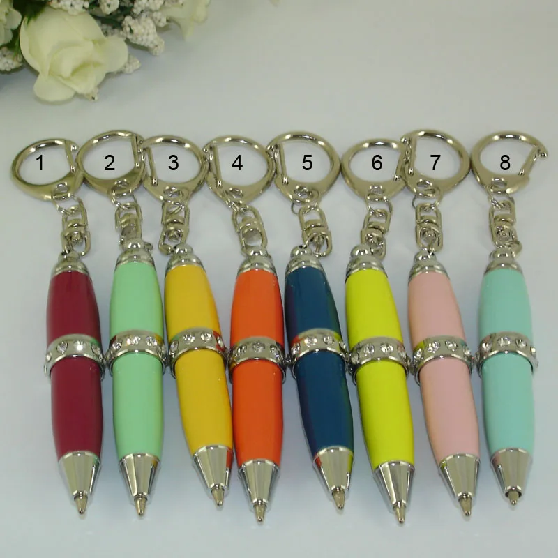 10pcs / lot Mini Cute Ballpoint Pen with Key Ring Multi-color Pocket Pen for School Students Gifts Fancy Diamond Stationery Pens