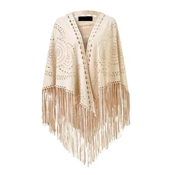 Women's Loose Suede Fringe Open Poncho Cloak Shawl Wrap with Punch Hole Patterns and Graceful Fringes Dropshipping