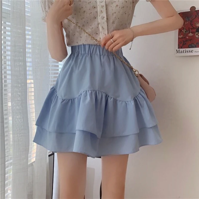 Lente Zomer Ontwerp Gevoel Ruches Fluffy Hoge Taille Vrouwen Rok Meisje Student Een-Vormige Korte Rok College stijl Blauw