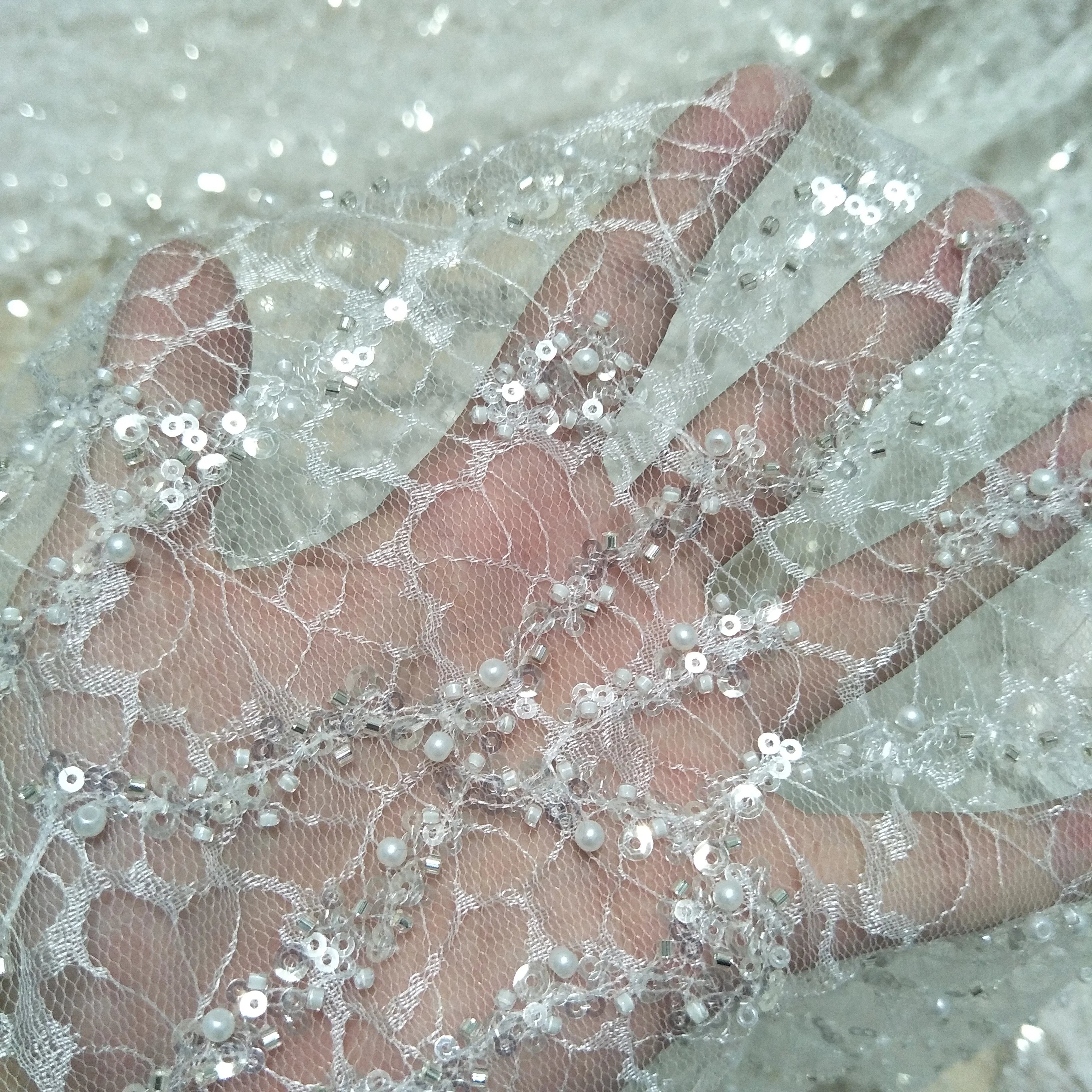 sparkle beads lace fabric with pearls wedding gown dress lace fabric bridal lace fabric sell by yard 130cm width