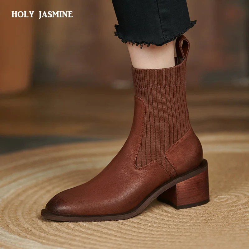 2021 New Retro Chelsea Short Boots Genuine Leather Square Heels Women Socks Ankle Boots Dancing Party Shoes Woman Platform Boots