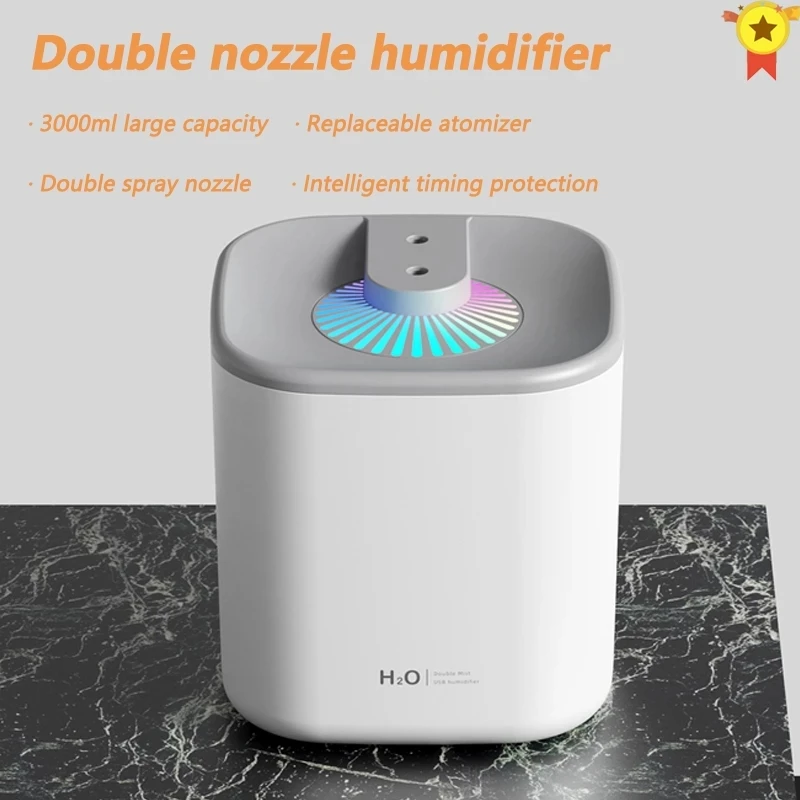 H2O Dual Spray Humidifier USB Home Air Humidifier 3L Large Capacity Sprayer Large Fog Volume Mute Aroma Diffuser Can Be Timed