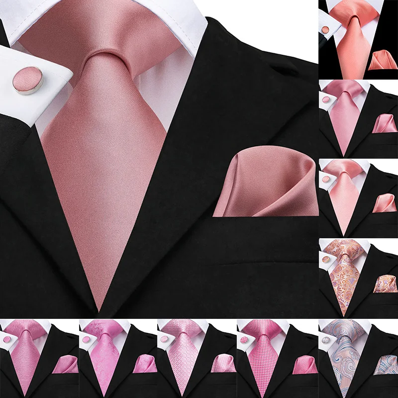 Hi-Tie 100% de seda de los hombres clásicos de la boda Coral rojo rosa melocotón corbata bolsillo cuadrado gemelos conjunto corbatas rosas para hombres corbatas de Cachemira sólidas