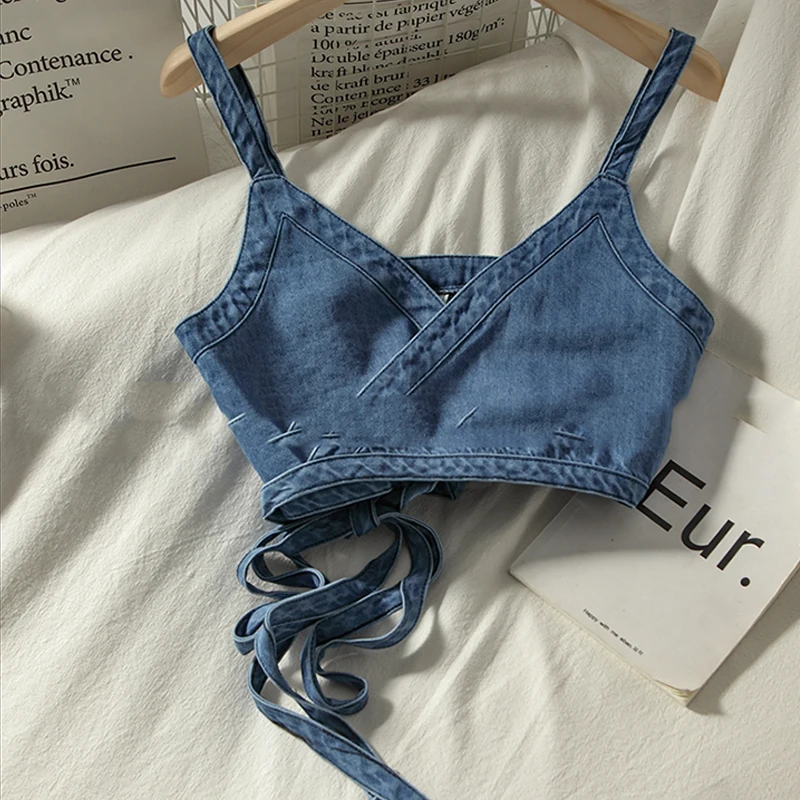 Camis For Women Jeans Tank Top Women Sexy Strap Denim Vest Sweet Girl Woman Crop Top Elegant French Chic