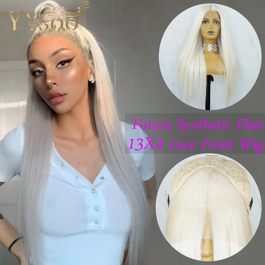 YYsoo Long 13x4 Synthetic Hair Lace Front Wigs 60# Color Futura Japan Heat Resistant Fiber Silky Straight White Grey Lace Wig