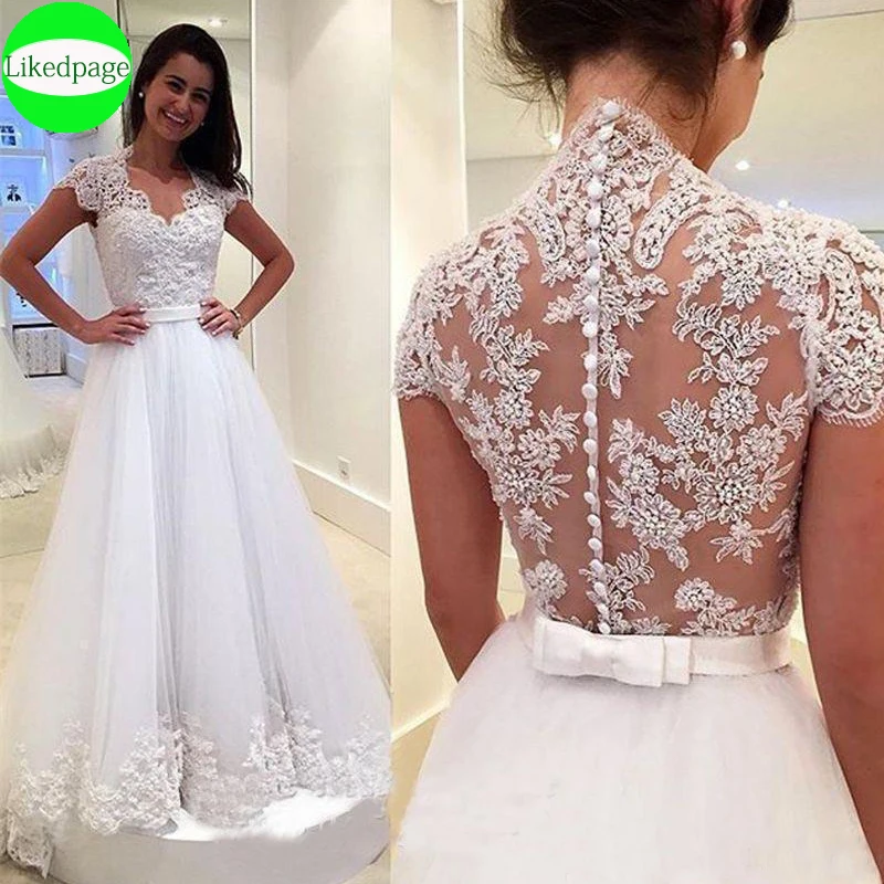 

Wedding Dress 2021Boho Vestidos De Novia Cap Sleeve Lace Applique Sexy A Line Robe Mariage Boda Bride Gown Trouwjurk Button Back