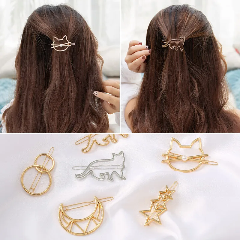 New Hair Clip For Women  Moon Cat Heart Hairpin Simple Golden Silver Barrette Hair Accessories Styling Tool Girls Fashion Gift