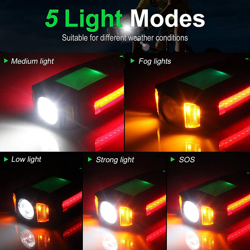 5 In 1 Bike Light With Bicycle Computer LCD Speedometer Odometer 5 Modes Horn Waterproof  USB Charge Cycling Bike Lamp