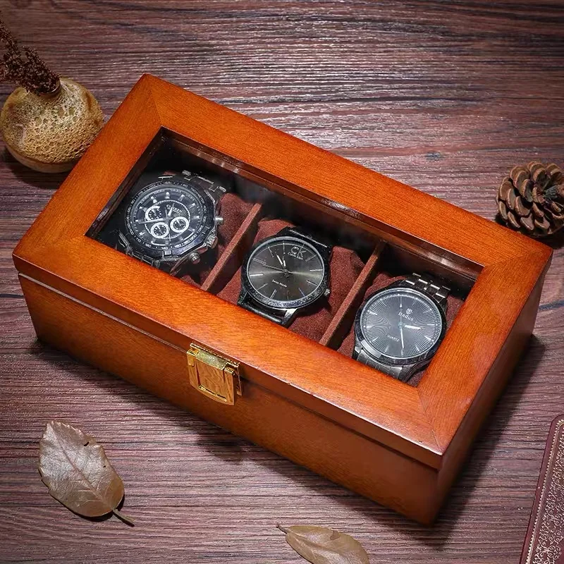 3 Slots Wood Watch Box Organizer Coffee Wooden Watch Case Storage Box New Watch Holder For Men Packing Gift Box