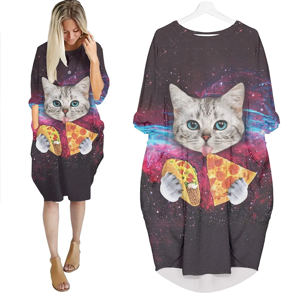 

Jumeast Women 3D Batwing Pocket Dress Oversized Female Streetwear Cat Eating Pizza Pullover Dresses Summer Skirt Nightdress