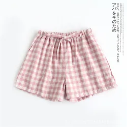 Pantalones cortos a cuadros para mujer, ropa de dormir de gasa de doble capa, 100% algodón, con cintura elástica, para verano