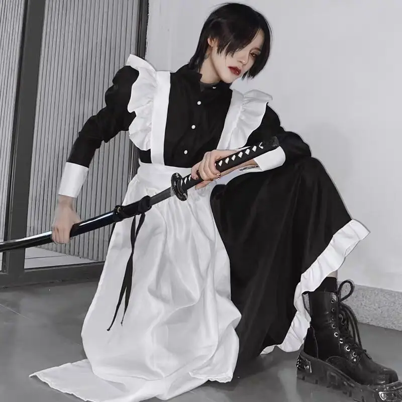 STSVZORR COSplay Costume, Black and White maid Clothes, British Style, Pearl Line, Long, Coffee Shop, COS Uniform