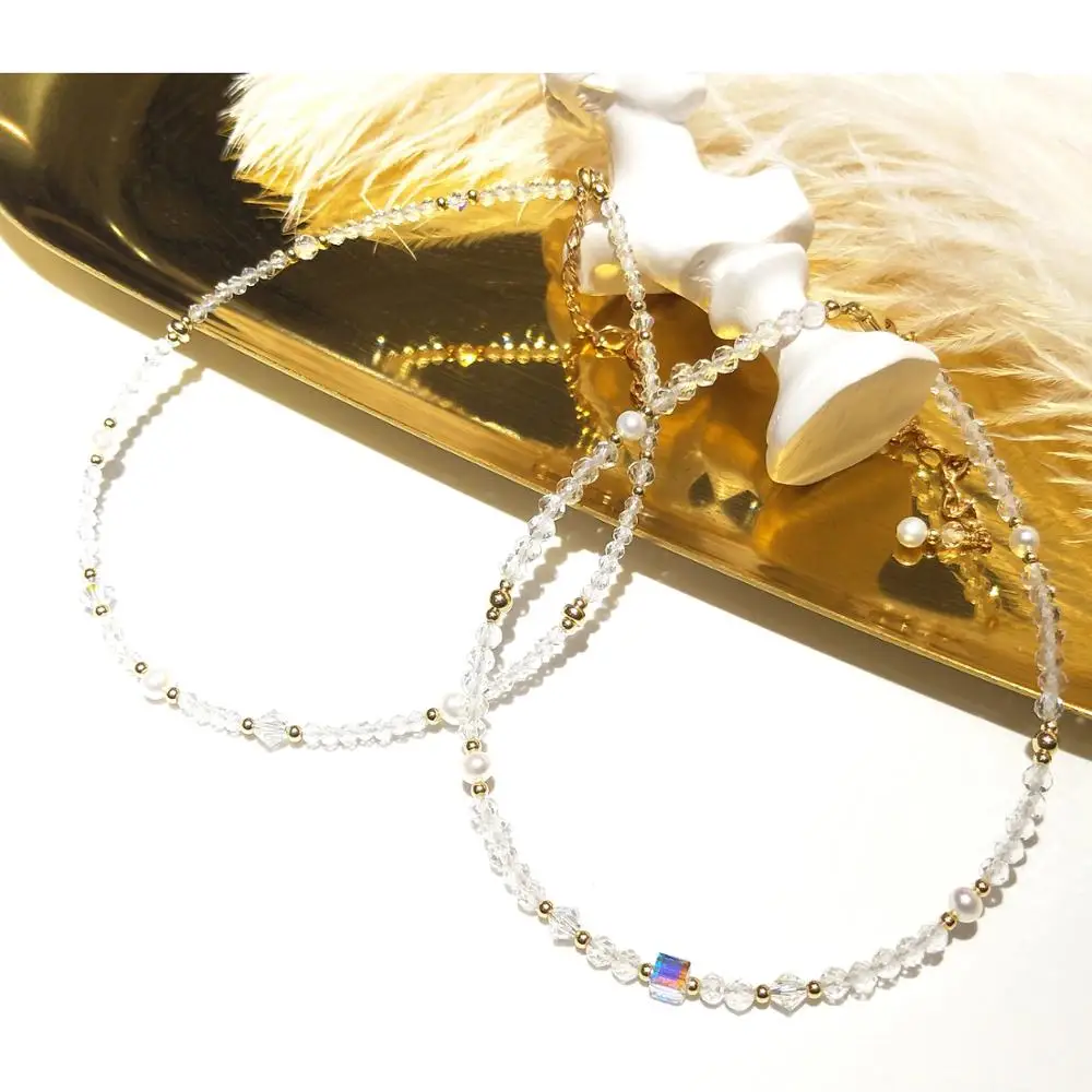 

Lii Ji 2mm 3mm Clear Quartz Freshwater Pearl Austrian Crystal Sparkling Anklet American 14K Gold Filled 24+5cm