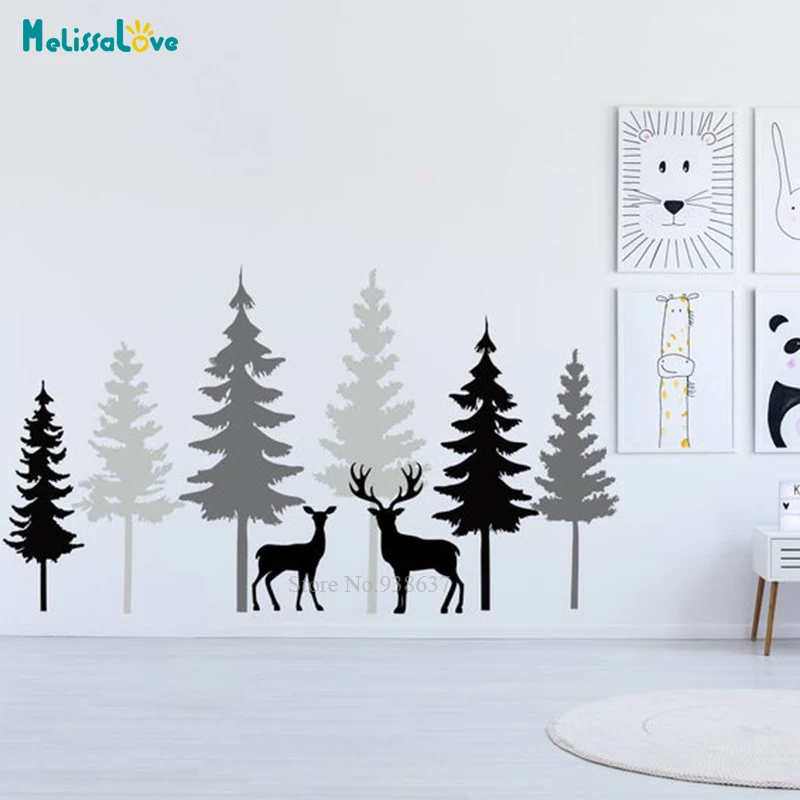 

6 trees Woodland Adventure Forest Pine Tree Scandinavian Animal Deers Nursery Wall Decor Baby Room Vinyl Sticker Wallpaper BA757