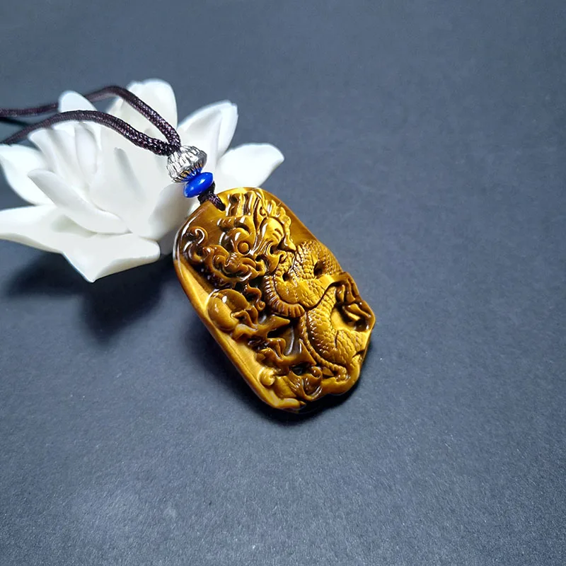 QIANXU Drachen Halskette Anhänger Tiger Auge Stein Jade Anhänger Edelstein Schmuck Glück Amulett Schmuck Jade Schmuck