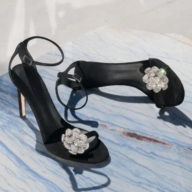 Hot Woman Fashion Black Cow Suede Bling Flower Crystal Summer Sandal Female 10/8 CM Stiletto Heels Ankle Strap Banquet Shoes