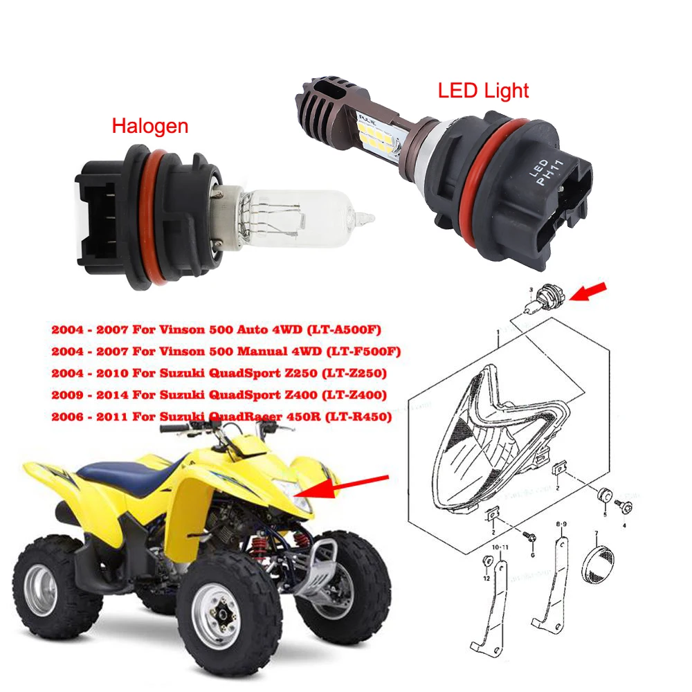 ATV Super White High/Low Beam Led Headlight Halogen Bulb For Suzuki QuadSport Z250 LTZ 250 Z400 LT-Z400 LTR 450 QuadRacer 450R