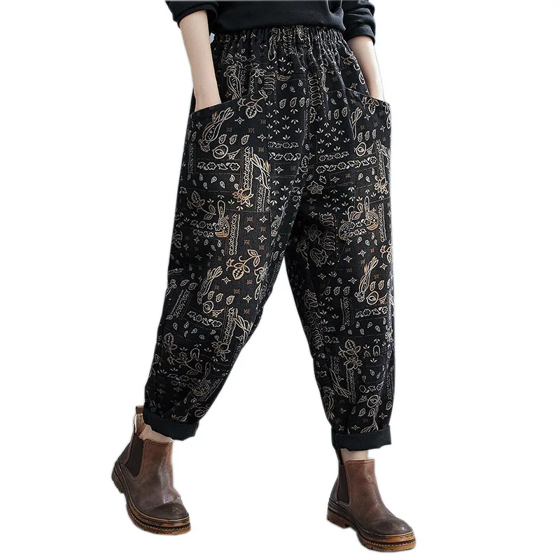 

2022 New Women's Printed Jeans High Quality Autumn Winter Loose Elastic Waist Denim Harem Pants Streetwear Trousers Trend KW1049
