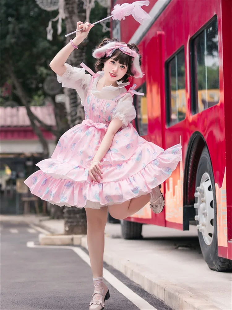 Robe Lolita taille haute pour fille, tenue d'été douce et mignonne, avec nœud papillon, imprimé coquille, Kawaii, pour femme, Cosplay, princesse Lolita Jsk Loli