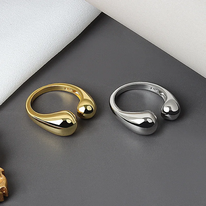 QMCOCO Silver Color Summmer New Drop-Shaped Open Ring Woman Fashion Retro Smooth Elegant Handmade Jewelry Birthday Gifts