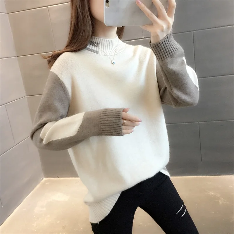 Herfst Winter Half Hoge Kraag Gebreide Trui Vrouwen Korte Trui Jumpers Dames Mode 6 Kleur Patchwork Gebreide Tops Vrouwelijke