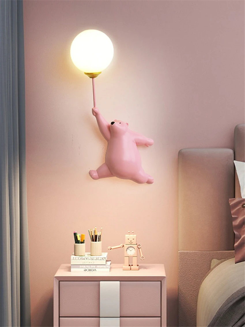 Nordic Children's Room Bear Balloon Wall Lamps Boy Girl Bedroom Bedside Cloakroom Kindergarten Corridor Cute Decorative Lighting