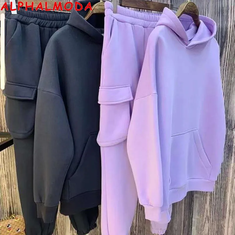 ALPHALMODA-Women's Thick Fleece Warm Winter Jogger Set, Stylish Pocket Sweat Pants, Hoodies, 2Pcs Suit, Solid, New Arrival