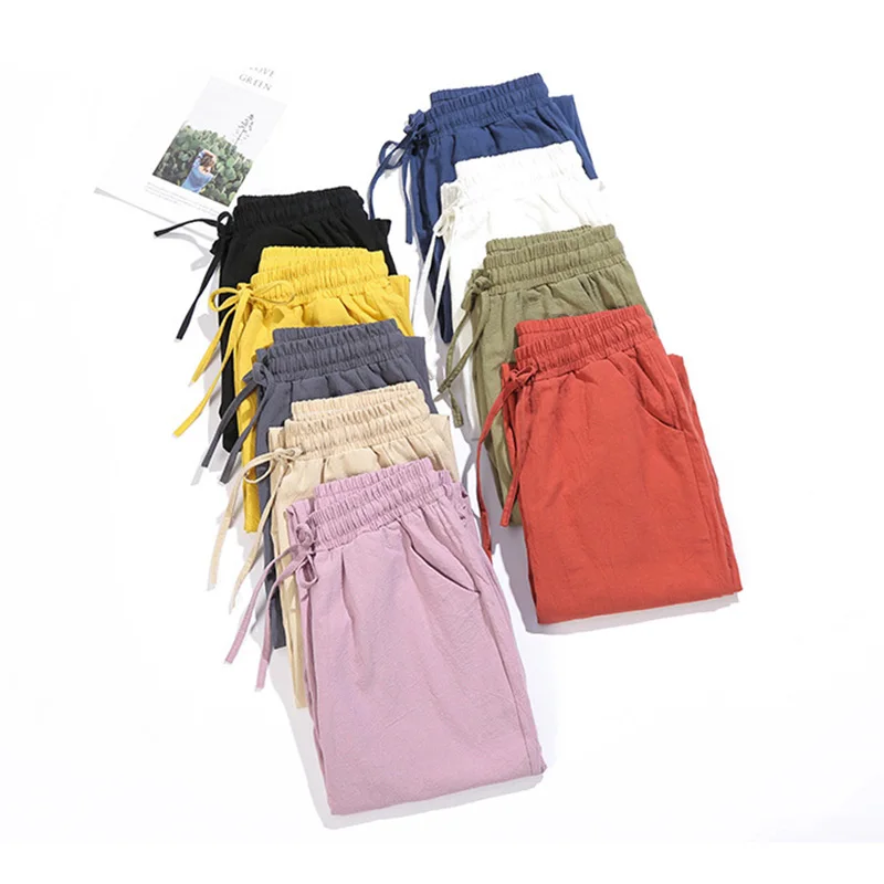 Women Summer Autumn Pants Cotton Linen Solid Elastic Waist Candy Colors Harem Soft Trousers Female Lady High Quality Pant S-XXL