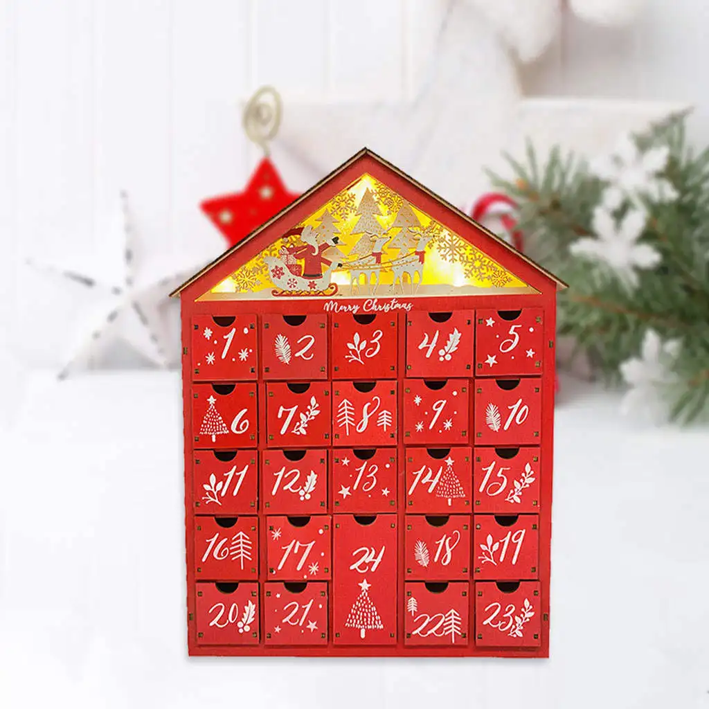 Christmas Red Wooden Advent Calendar with LED Light Table Display