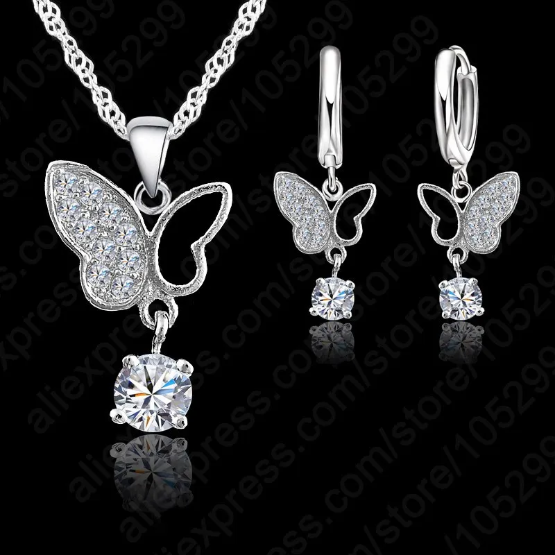 Trendy 925 Sterling Silver Color Cubic Zirconia Butterfly Crystal Necklace Pendant Drop Earrings Jewelry Sets Women Girl