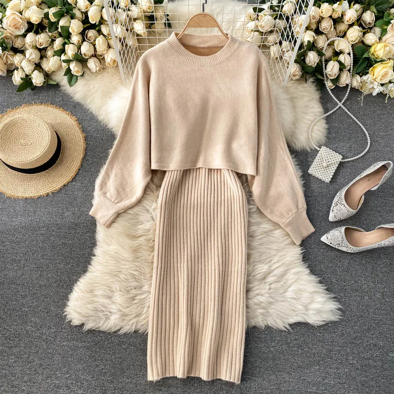 Women Autumn Winter V Neck Sleeveless Elastic Bodycon Tank Dress Two Piece Suits Knitted Set O Neck Long Sleeve Tops