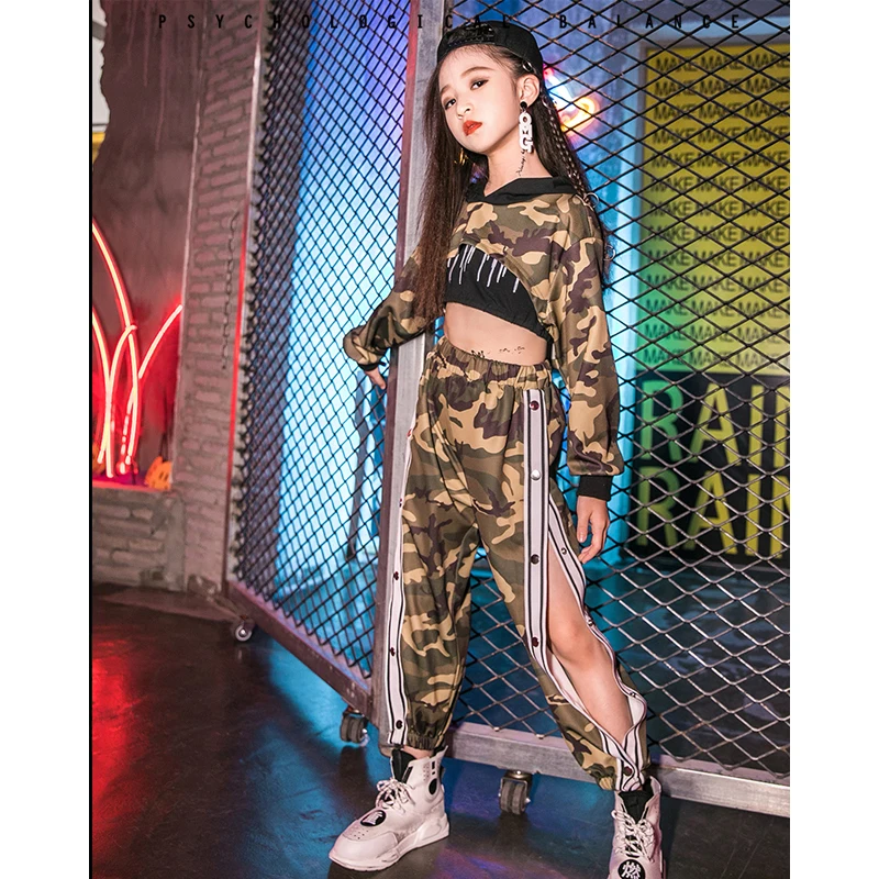 

Children Hip Hop Performance Dress Girl Open Navel Jazz Camouflage Walk Show Suit Fashion Pupil Clothing