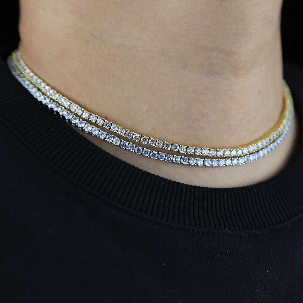 New Thin 3mm CZ 1 Row Shiny Tennis Chain Necklace Hip Hop Iced Out Bling Cubic Zircon Choker Jewelry Gold Color For Women Men
