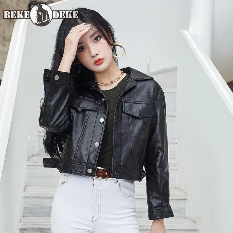 

Sheepskin Coat Women Spring Motorcycle Short Jackets Female Genuine Leather Jacket Long Sleeve Single Breasted Biker Outerwear